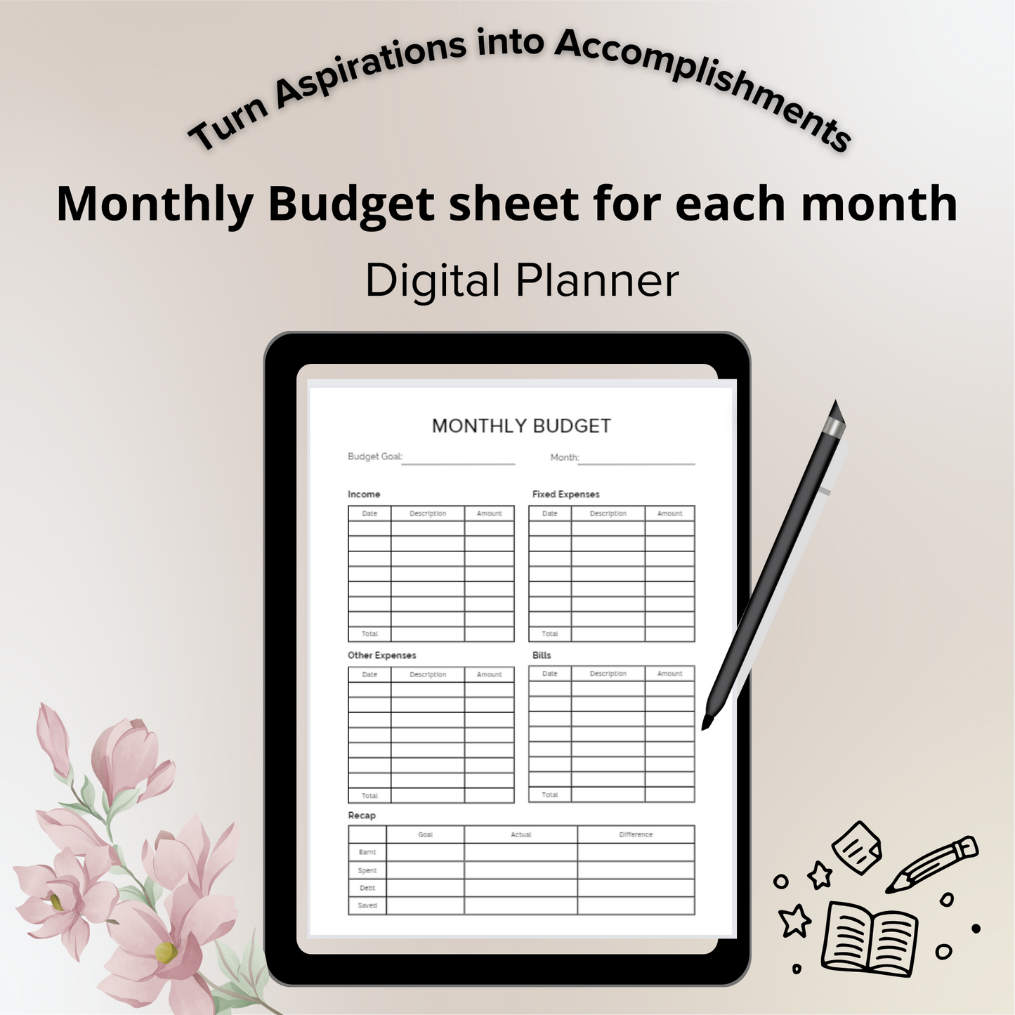 Turn Aspirations into Accomplishments 12 month Planner- Pink